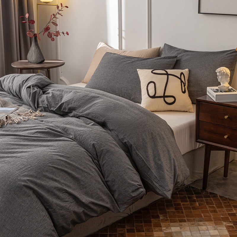 Janlive Washed Cotton Duvet Cover Oueen Ultra Soft 100% Cotton Solid Color Gray Duvet Cover Set with Zipper Closure -3 Pieces Grey Queen - Image 4